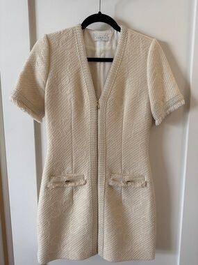 Sandro Cream Tweed Short Sleeve Shift Dress with Gold Trim